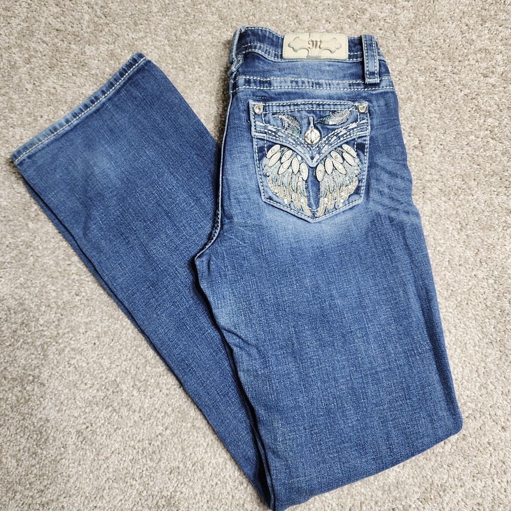Miss Me Mid Rise Bootcut Jeans Angel Wings Rhinestone Sequin Pockets Size 27